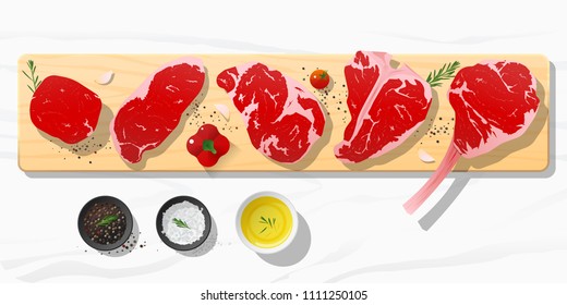 Raw beef steaks, tenderloin, strip loin, rib eye, t-bone and tomahawk with seasoning on wooden cutting board on marble stone background, vector, illustration