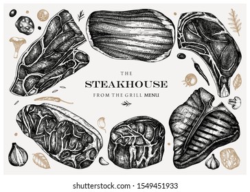 Raw beef steaks vector illustration collection. Raw meat top view drawings. Hand drawn cuts of beef, vegetables, spices. Steak house, meat restaurant menu design . Food for grill vintage template. 