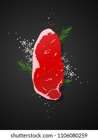 Raw beef, strip loin steak with seasoning on dark background , vector , illustration