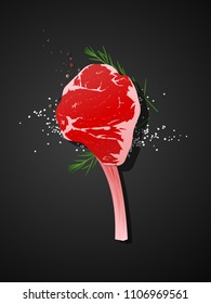 Raw Beef, Tomahawk Steak With Seasoning On Dark Background , Vector , Illustration