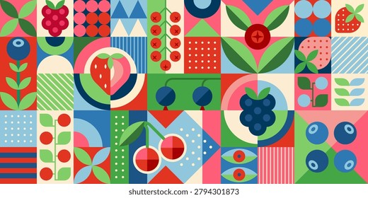 Raw berry fruits geometric pattern with strawberry, blueberry, cherry, raspberry, plant leaf abstract shapes. Vector seamless grid background, retro modern ornament, wallpaper and textile print