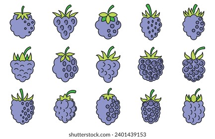 Raw blackberry icons set. Outline set of raw blackberry vector icons thin line color flat on white