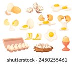 Raw boiled eggs. Cartoon chicken or quail egg carton tray pack, eco protein meal breakfast half fried fresh yolk in brown eggshell, poultry natural food vector illustration of protein yolk breakfast