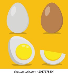 Raw, broken, boiled and fried eggs flat item set. cartoon domestic chicken eggs with yellow yolk isolated vector illustration collection. organic farm products and food concept Free Vector