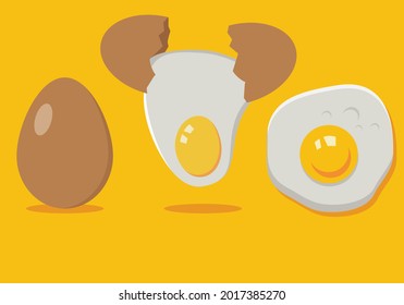 Raw, broken, boiled and fried eggs flat item set. cartoon domestic chicken eggs with yellow yolk isolated vector illustration collection. organic farm products and food concept Free Vector