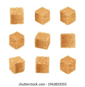 Raw Brown Sugar Cubes Vector Illustration. Unrefined Cane Sugar Cube Collection, Realistic Sugarcane, Sweetener Isolated On White Background