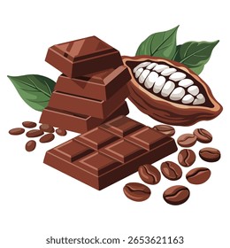 Grãos de cacau crus com barra de chocolate ilustração vetor isolado no fundo branco