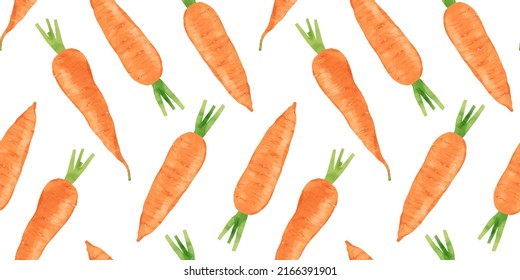 Raw carrot watercolor seamless pattern. Natural vegetable background illustration of organic cooking ingredient for healthy nutrition concept. Fresh hand drawn carrots on white backdrop.