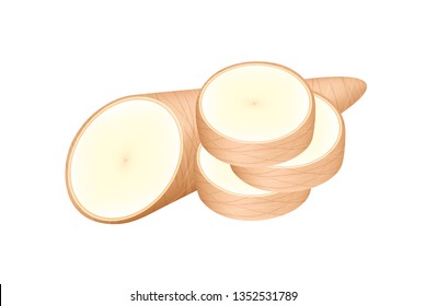 raw cassava fresh isolated on white background, cassava cut slice for tapioca flour industry or ethanol industry, pile yucca cassava tuber, raw manioc cassava in top view