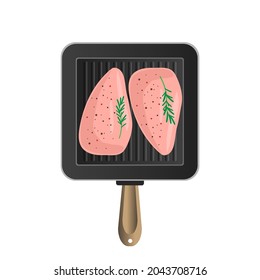 raw chicken breast fillet with rosemary and seasoning on grill frying pan top view vector illustration