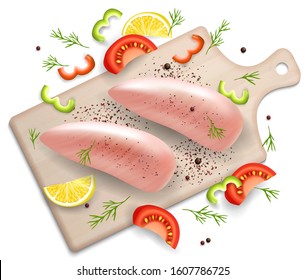 Raw chicken breast fillets with pepper, lemon, tomato slices and spices on wooden cutting board, vector realistic illustration. Chicken meat composition for restaurant menu, recipe book, website page.