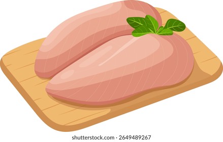 Peito de frango cru na ilustração da placa de corte isolado no fundo branco