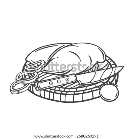 Raw chicken breast on round wooden board line icon. Outline hand drawn sketch of poultry meat fillet with knife, tomato and onion rings to cook meal. Cooking mascot, chicken meal vector illustration