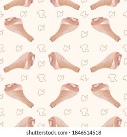 Raw chicken drumsticks seamless pattern. Vector illustration isolated on a beige background. Texture for fabrics, textiles, menus, packaging, website, etc.