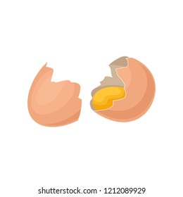 Raw chicken egg, yolk in broken brown shell. Fresh and natural farm product. Flat vector icon