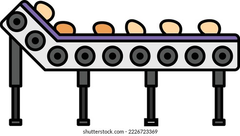 raw chicken eggs on a conveyor belt Concept, Brown egg transported farm vector color icon design,Poultry farming symbol, Meat or Eggs Production Sign, Protein and farmyard equipment stock illustration