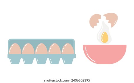 Raw, chicken eggs, vector isolated illustration. Whole and broken yellow fresh raw eggs. Yolk, white, eggshell, open consumer cardboard packaging mockup. Poultry farming. Vector illustration