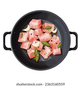 Hähnchenfilet-Kekse oder Puten-Stücke in Bratpfanne mit Gewürzen, Knoblauch und Blätter Draufsicht im Cartoon-Stil einzeln auf weißem Hintergrund. 