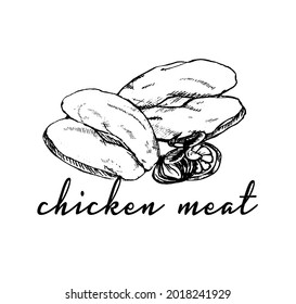 Raw chicken fillets and breast sketched in pencil with pepper and spices and fresh herbs. Origano, spices and chicken.