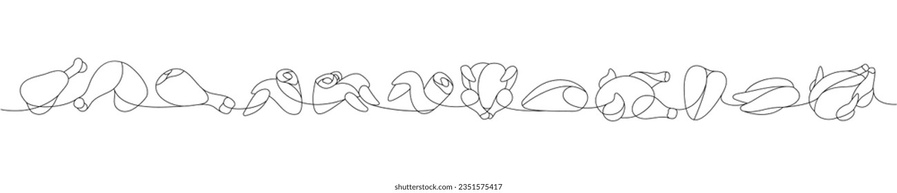 Raw chicken meat one line continuous drawing. Raw chicken meat parts continuous one line illustration. Vector minimalist linear illustration.