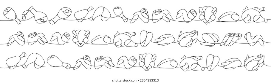 Raw chicken meat set one line continuous drawing. Raw chicken meat parts continuous one line illustration. Vector minimalist linear illustration.
