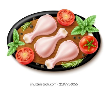 Raw chicken on cutting board. Realistic turkey drumsticks, cooking process, poultry legs with tomatoes, herbs and spices, uncooked barbecue and grill ingredient, utter vector isolated concept