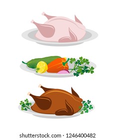 Raw chicken on a plate, baked turkey on a plate, vegetables on a plate.