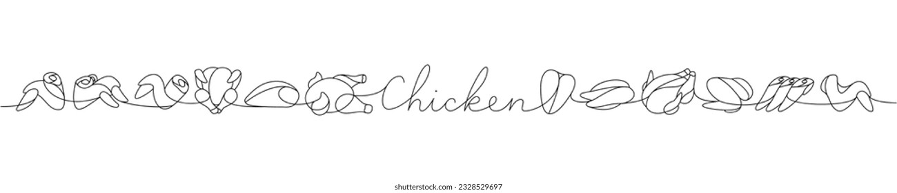 Raw chicken parts set one line continuous drawing. Raw chicken meat parts continuous one line illustration. Vector minimalist linear illustration.
