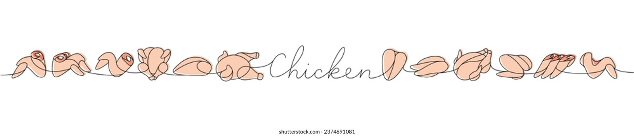 Raw chicken parts set one line colored continuous drawing. Raw chicken meat parts continuous one line illustration. Vector linear illustration.