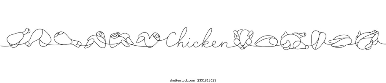 Raw chicken set one line continuous drawing. Raw chicken meat parts continuous one line illustration. Vector minimalist linear illustration.
