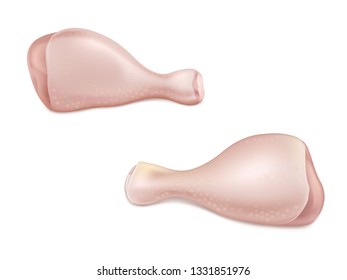 Raw chicken or turkey legs with skin and bone 3d realistic vector isolated on white background. Culinary ingredient, fresh meat for barbeque, protein diet illustration. Poultry farm ad design element