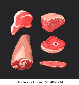 Raw chopped pieces of meat, pork, lamb, beef, turkey on a black background. Vector illustration.