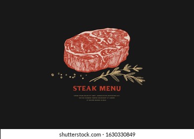 Raw Chuck steak vector illustration. Hand-drawn piece of meat cut and rosemary branches on black background. Concept of fresh farm products. Design element for butcher shop, market, restaurant.