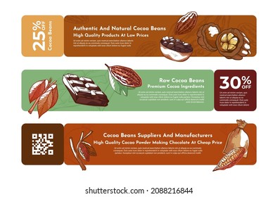 Banner conjunto de granos de cacao crudo vectorial ilustración grabada. Promo publicitando productos de alta calidad vegetan comida saludable descuento en venta culinaria con lugar para texto. Ingrediente de cocina alimenticio orgánico