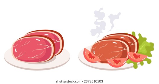 Raw cooked beef meat pork bbq grill meal isolated concept. Vector flat graphic design illustration