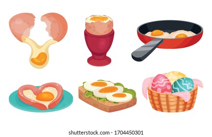 Raw and Cooked Egg with Easter Eggs in Basket and Scrambled Egg on Frying Pan Vector Set