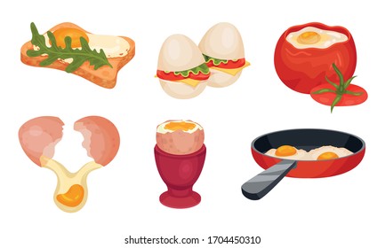 Roh- und gekochtes Ei mit gepolstertem Ei und gekräuseltem Ei auf dem Bratpfanne, Vektorillustration