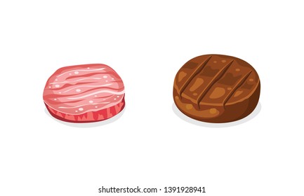 Raw And Cooked Hamburger Patties Vector