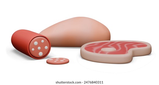 Raw and cooked meat. Realistic salami, fillet, steak. Vector composition