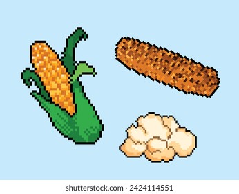 Raw corn, roasted corn, and one piece of pop corn snack. Pixel bit retro game styled vector illustration drawing set collection bundle group. Simple flat cartoon art isolated on blue horizontal ratio.