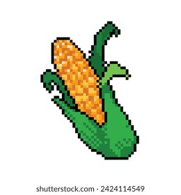 Raw corn vegetable with leaves. Pixel bit retro game styled vector illustration drawing. Simple flat cartoon styled food drawing isolated on white square background.