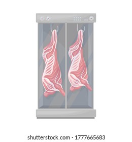 Raw Cow Carcass Hanging on Hook in Fridge Container Vector Illustration