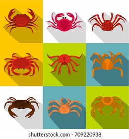 Raw crab icon set. Flat style set of 9 raw crab vector icons for web design