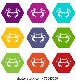 Raw crab icon set many color hexahedron isolated on white vector illustration