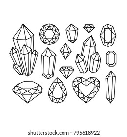 Raw Crystal Line Images, Diamond Drop, Heart, Round, Oval Shape Of Jewel Gemstones. Simple Clean Line Gems + Crystals Decals. Vector Illustration. CRystal Diamond Sign Cellection / Set.