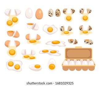 Raw cut slice boiled fried fresh omelette scrambled egg isolated set collection. 
Vector flat graphic design isolated illustration