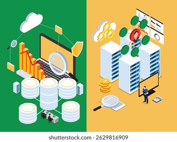 raw data management on the left with processed data analysis and visualization on the right isometric 3d vector illustration