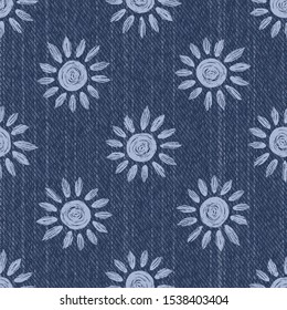 Raw Denim Blue Chambray Texture Background with Printed White Daisy. Indigo Stonewash Seamless Pattern. Close Up Textile Weave for Jeans Fabric, Wallpaper, Fashion Apparel. Vector EPS10 Repeat Tile