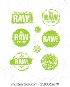 Raw Diet Wholesome Healthy Food Creative Sign Concept. Organic Local Farm Illustration On Rough Eco Background.