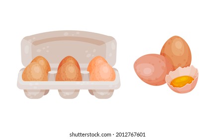Raw Egg in Carton Package and Cracked Shell with Yolk Vector Set